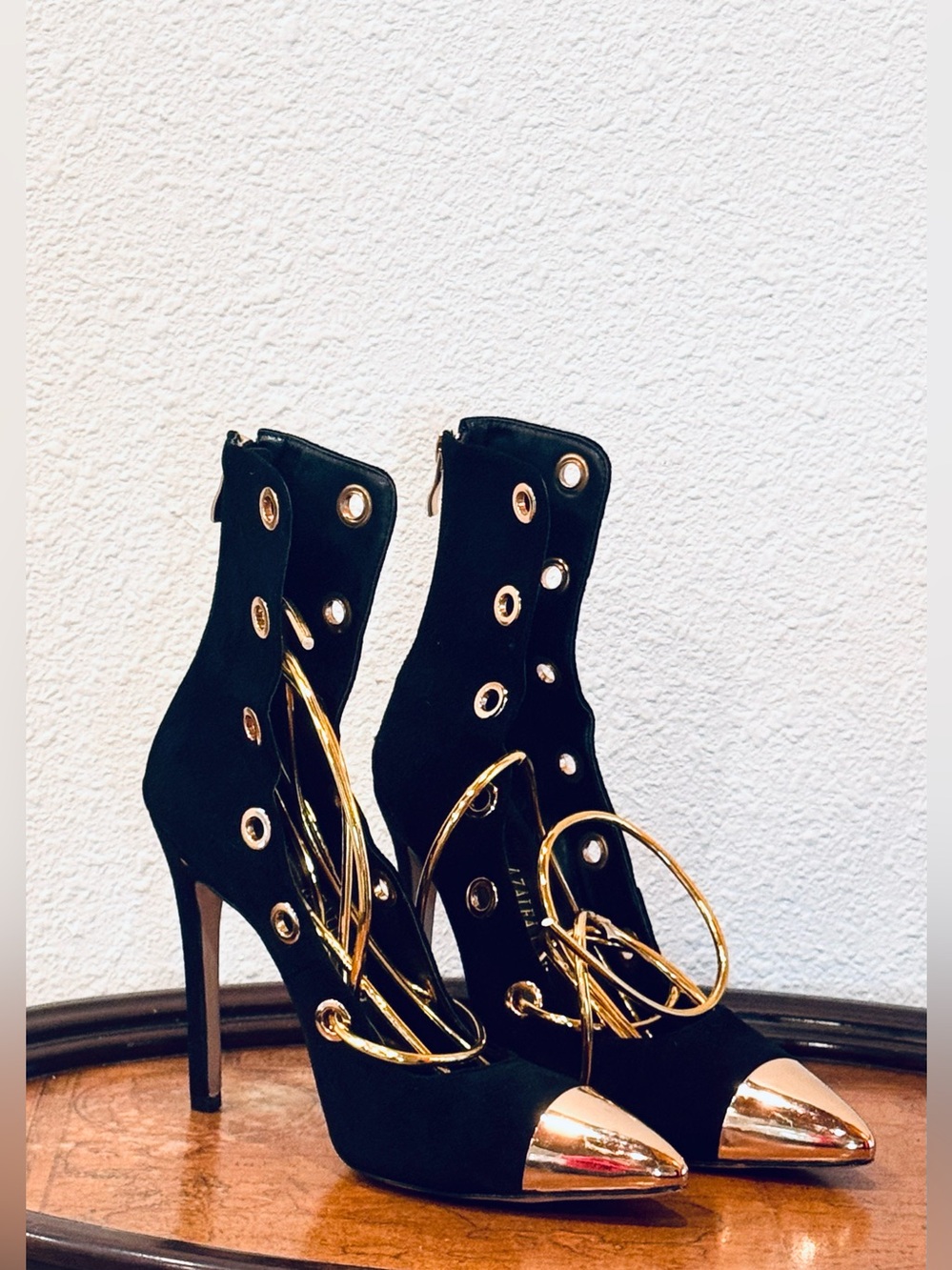 Azalea Wang Black Suede Stiletto Ankle Boots with Gold Hardware Size 7.5
